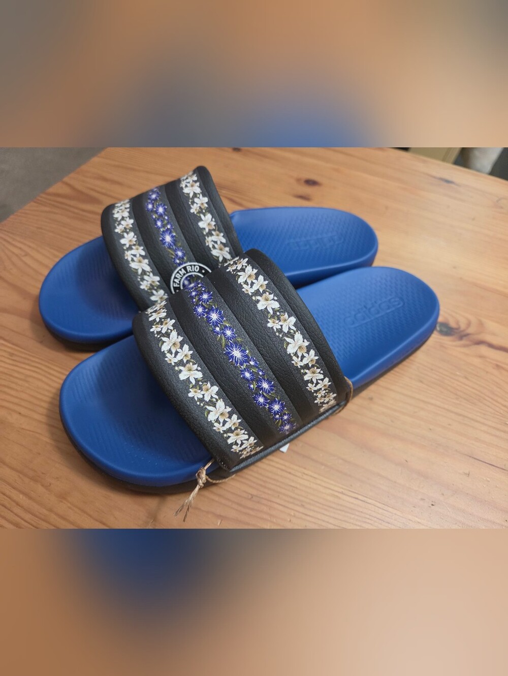 Adidas FARM RIO Women's Blue Slide Sandals with Black Floral Strap